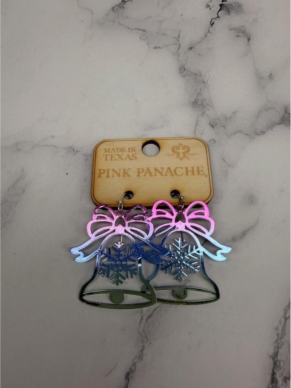 Pink Panache Christmas Bell‎ Earrings Iridescent Metal Snowflake Bow Holiday